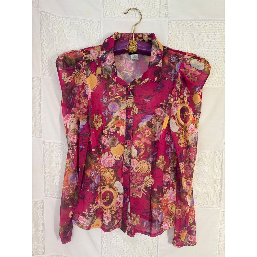 VTG Semi Sheer Pink Mesh Structured Romantic Goth Button Down Blouse‎ Size L